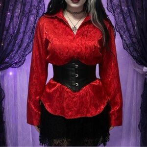 Self Expression 1980s Vintage Roses Red Romantic Goth Button Down Blouse